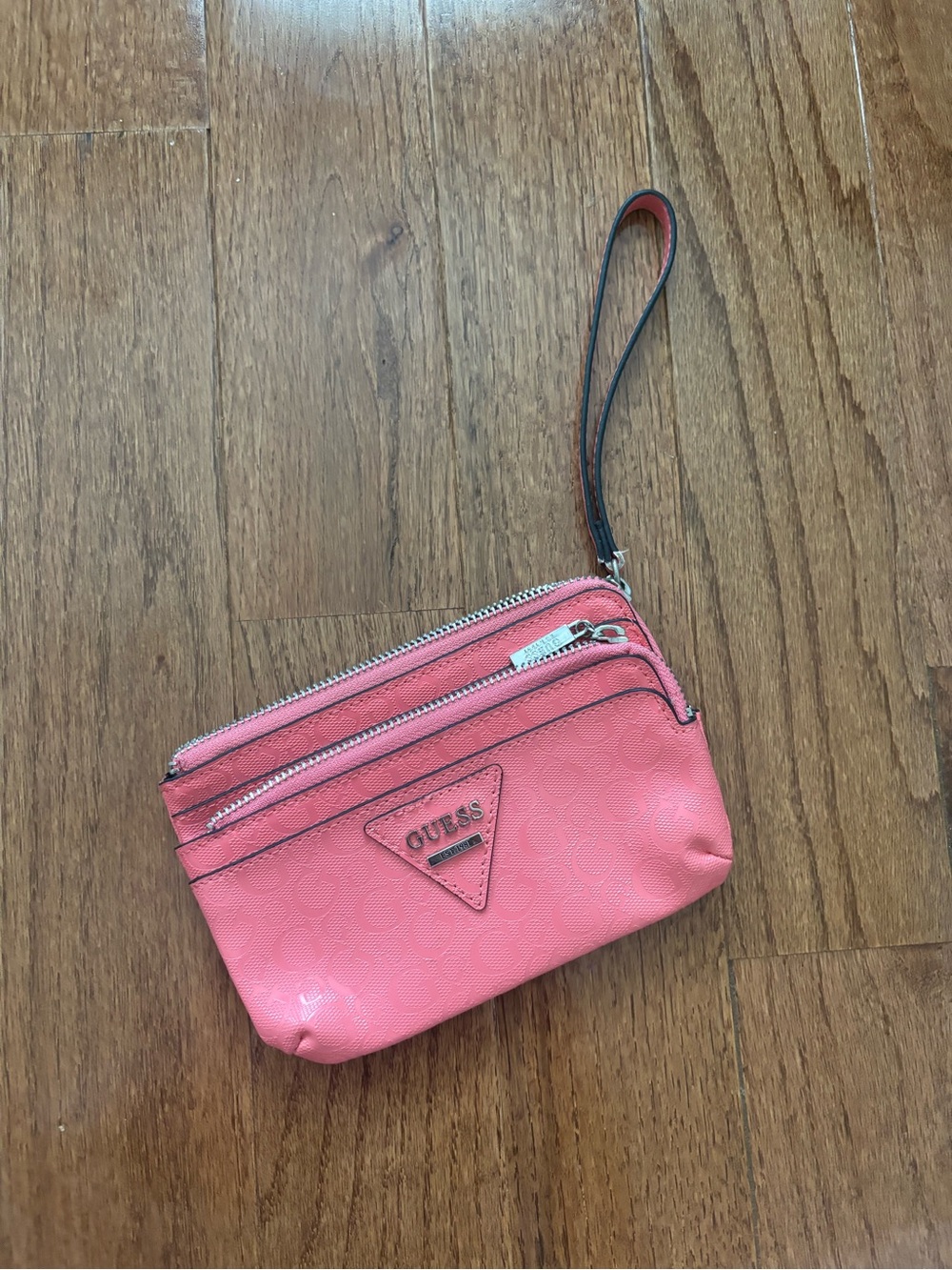 guess pink wristlet silver hardware monogrammed